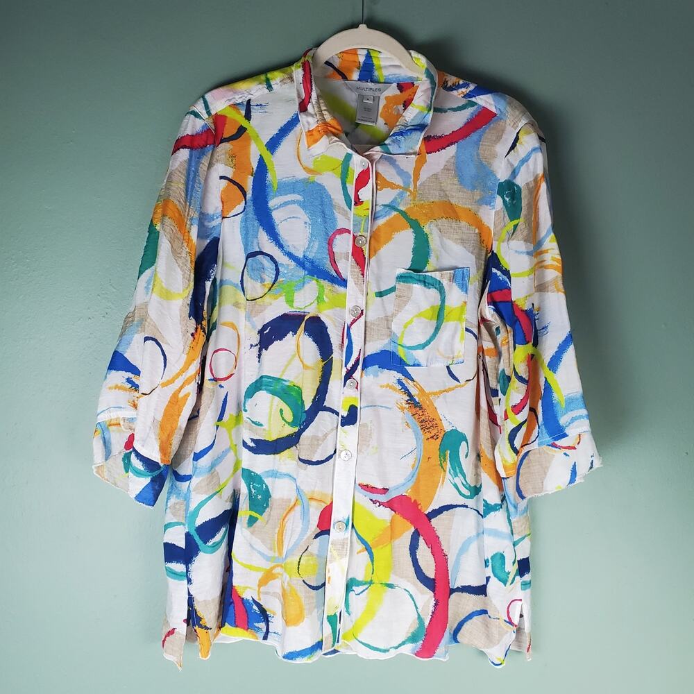 Multiples Womens Multicolor Colorful Swirl Art To Wear Button Up Shirt Size XL